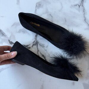 Larroude Lee Black Suede Pom Pom Flats Size 6.5
